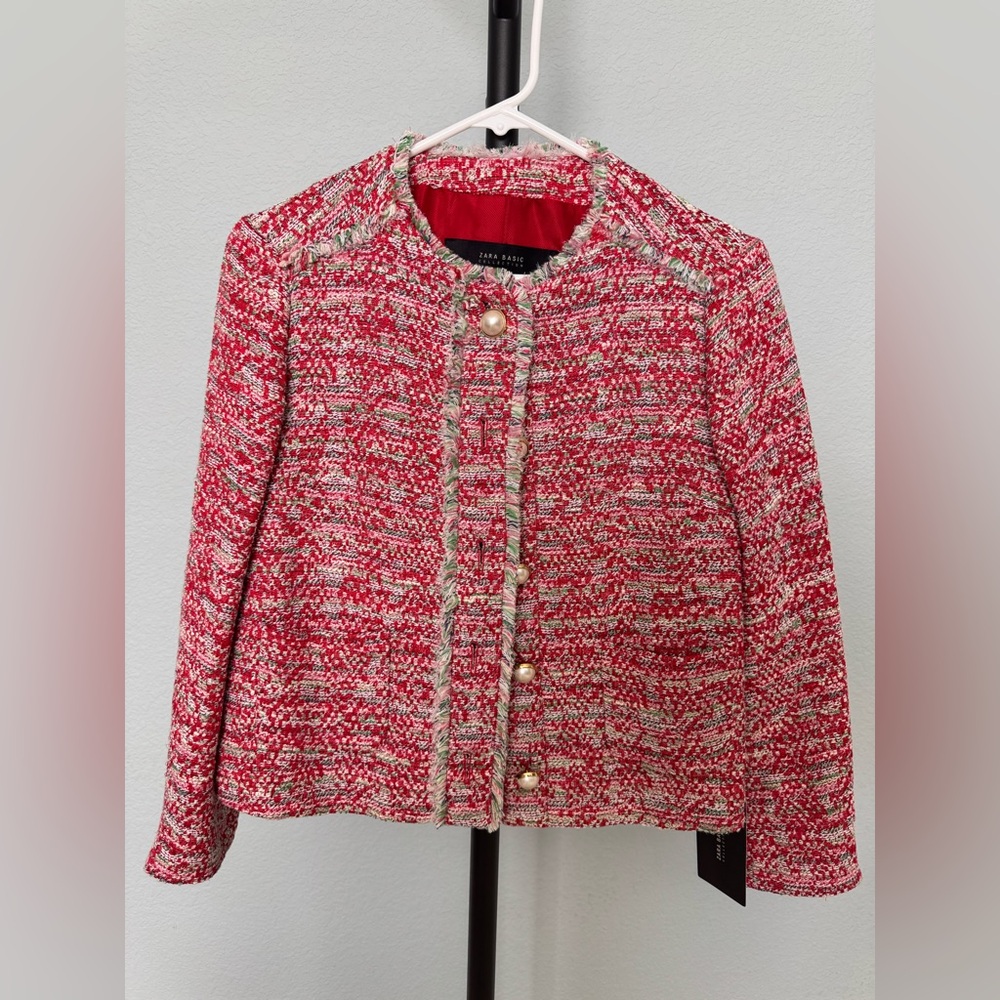Zara Red Tweed Jacket in Size Medium